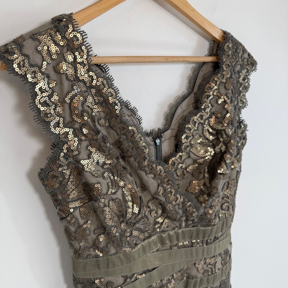 Tadashi Shoji Bronze Olive Sequin Lace Sheath Cocktail Dress Sz 4 Art Deco‎ Glam - Picture 4 of 16